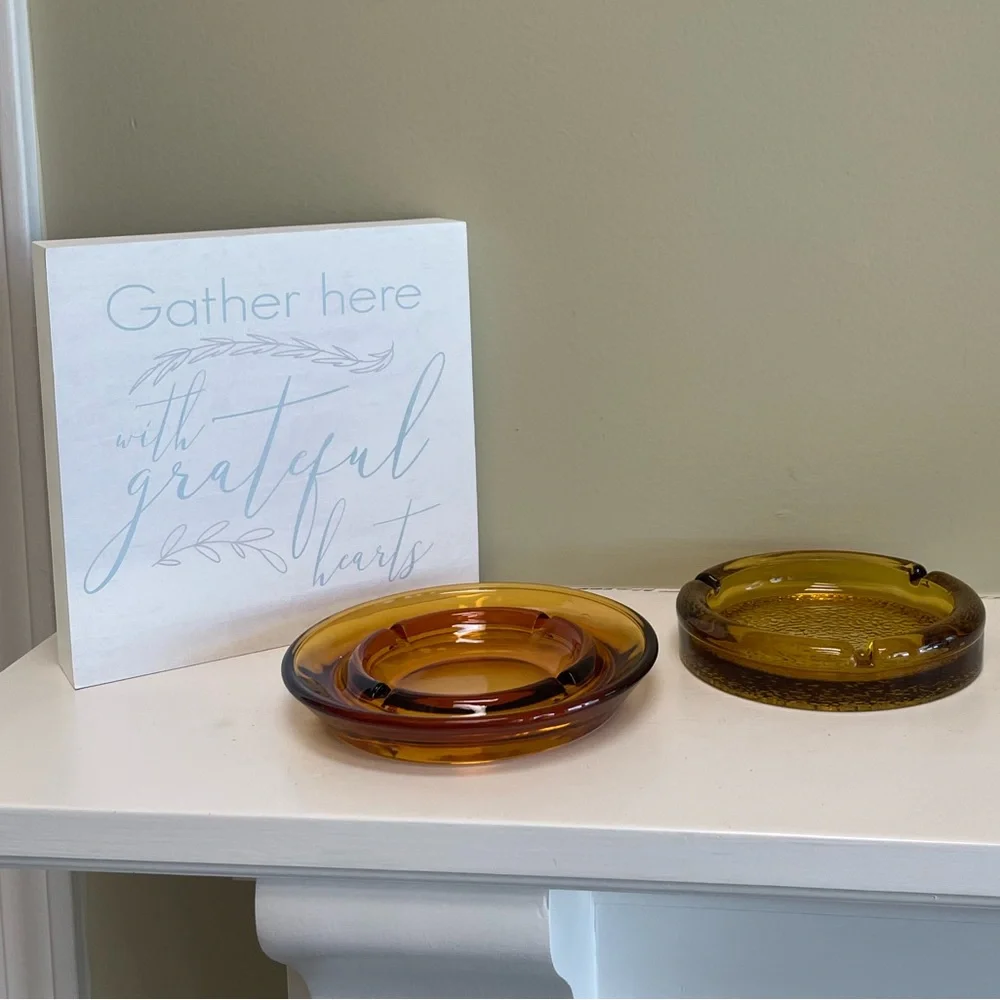 Vintage Ashtrays Beautiful Heavyweight Collectors Set 2 Pc Brown Amber Glass